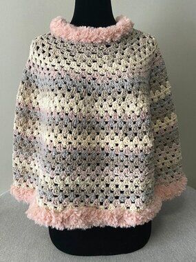 Handmade Crochet Muted Grey Blue Pink Cream Cotton Acrylic Poncho